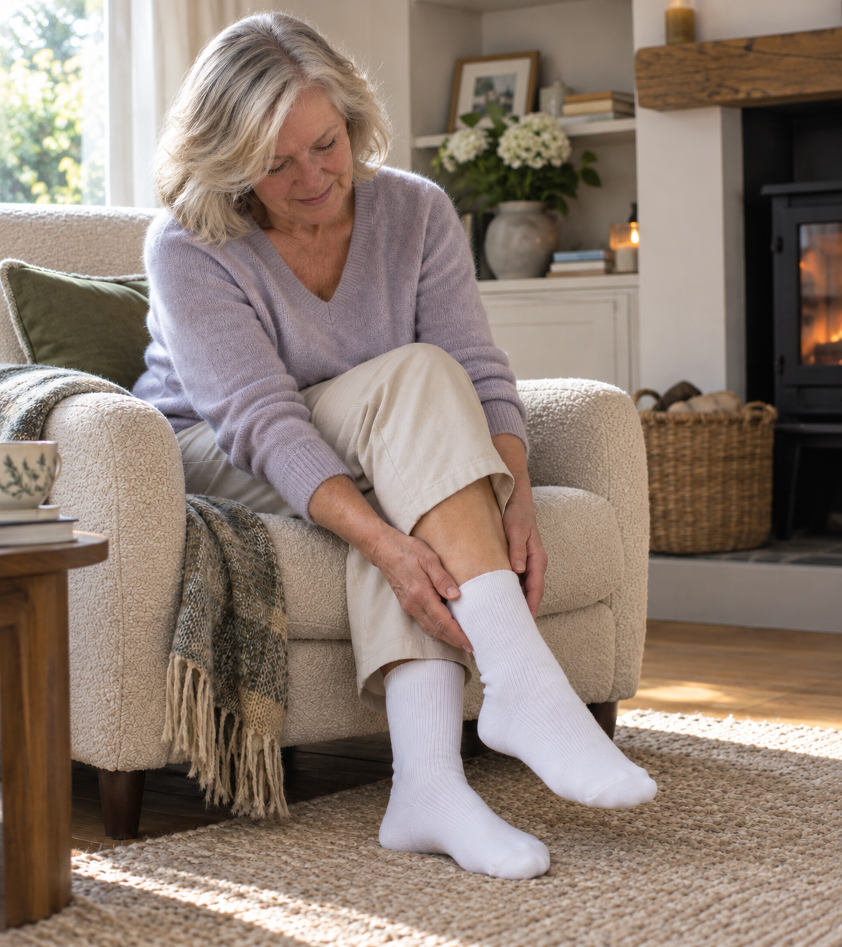 Relaxing at home in white SOKLA Original socks
