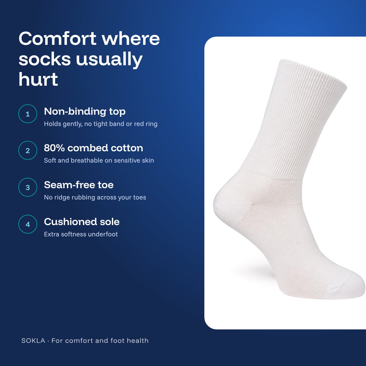 SOKLA Original features: non-binding top, 80% combed cotton, seam-free toe, cushioned sole